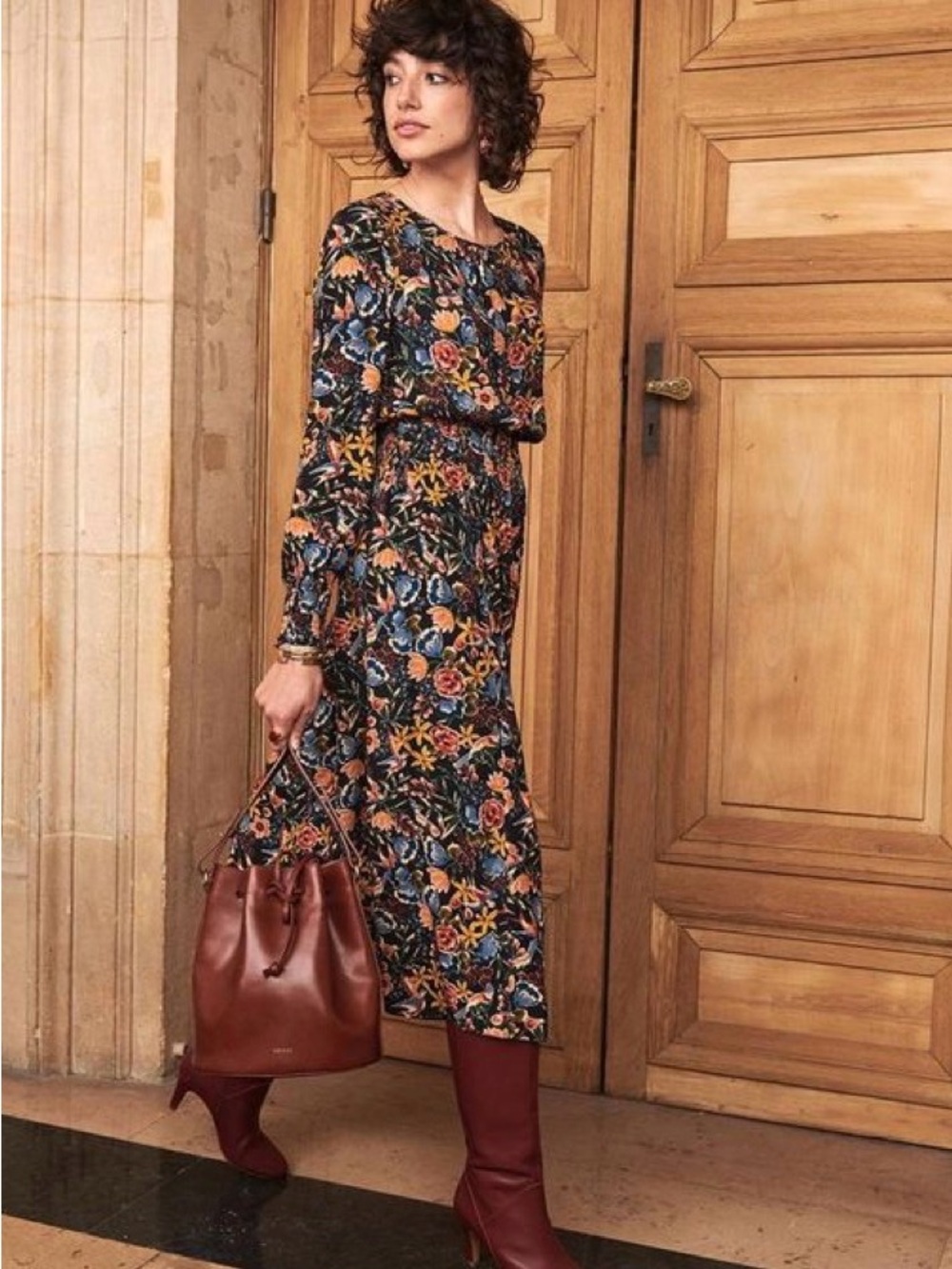 Sézane Botanical Floral Long Sleeve Smocked Midi Dress - Size Small 36